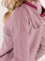 Dark Magenta Waffle Textured Striped Hooded Sweater