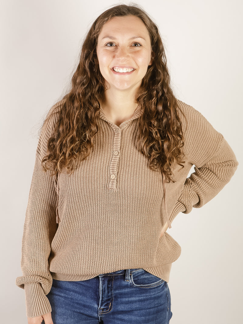 Light Mocha Henley Hooded Sweater