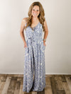 Slate Blue Leaf Print Cami Jumpsuit