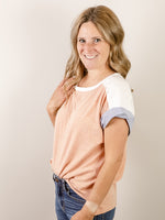 Vintage Clay with Blue Rolled Sleeve Knit Top
