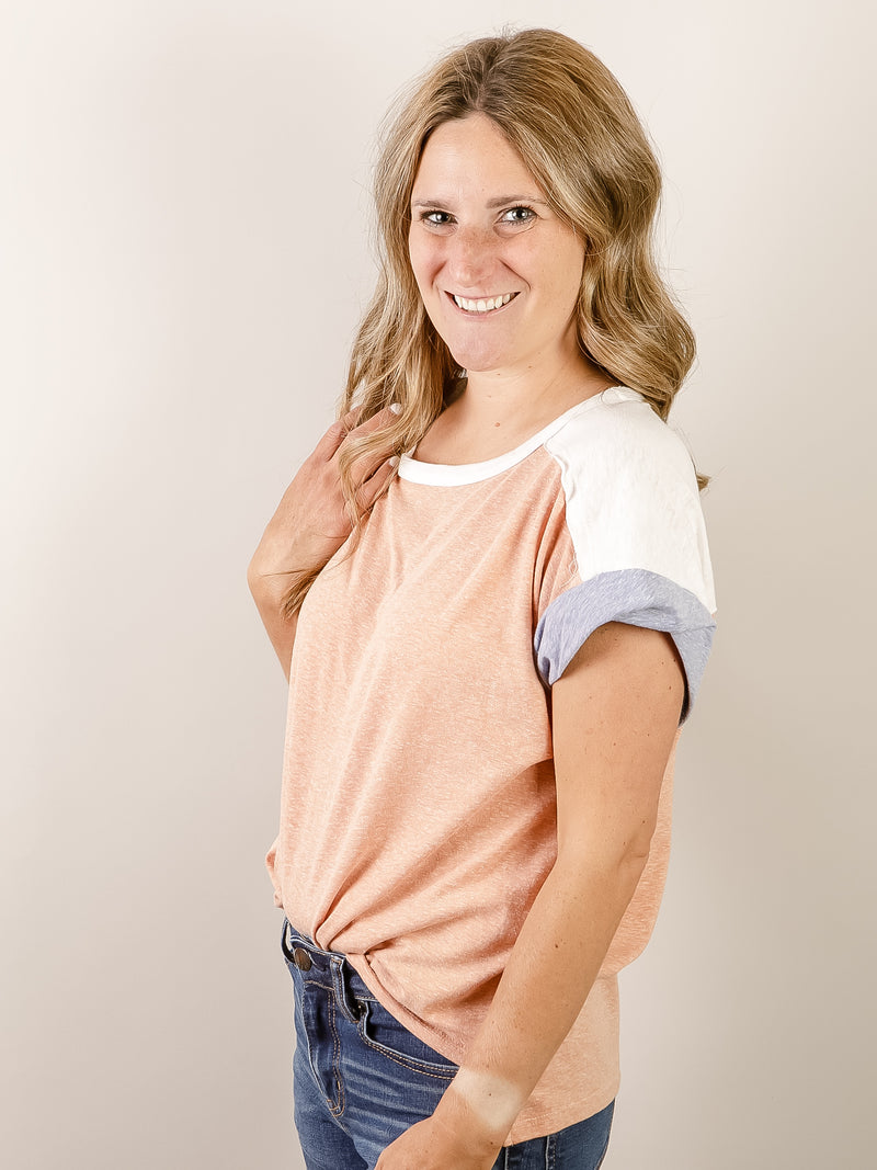 Vintage Clay with Blue Rolled Sleeve Knit Top