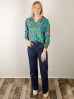 Hunter Green Floral V-Neck Blouse
