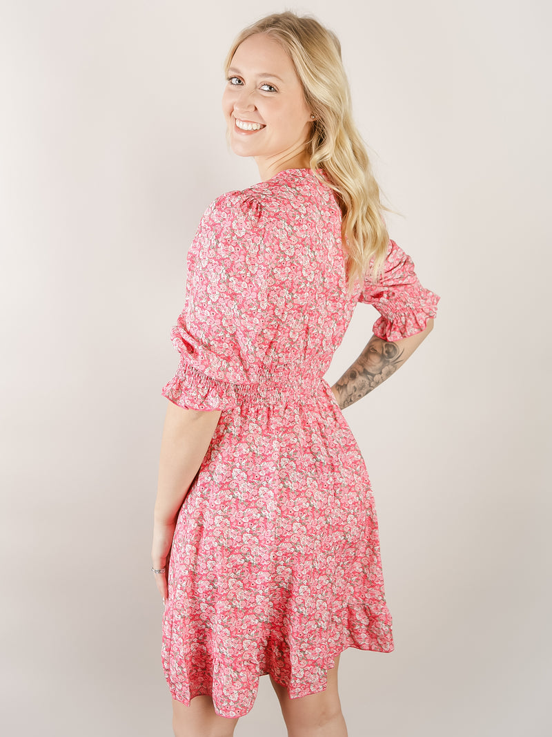 Pink Floral V-Neck Dress