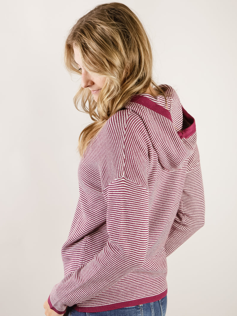 Dark Magenta Waffle Textured Striped Hooded Sweater