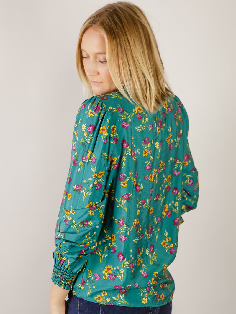 Hunter Green Floral V-Neck Blouse