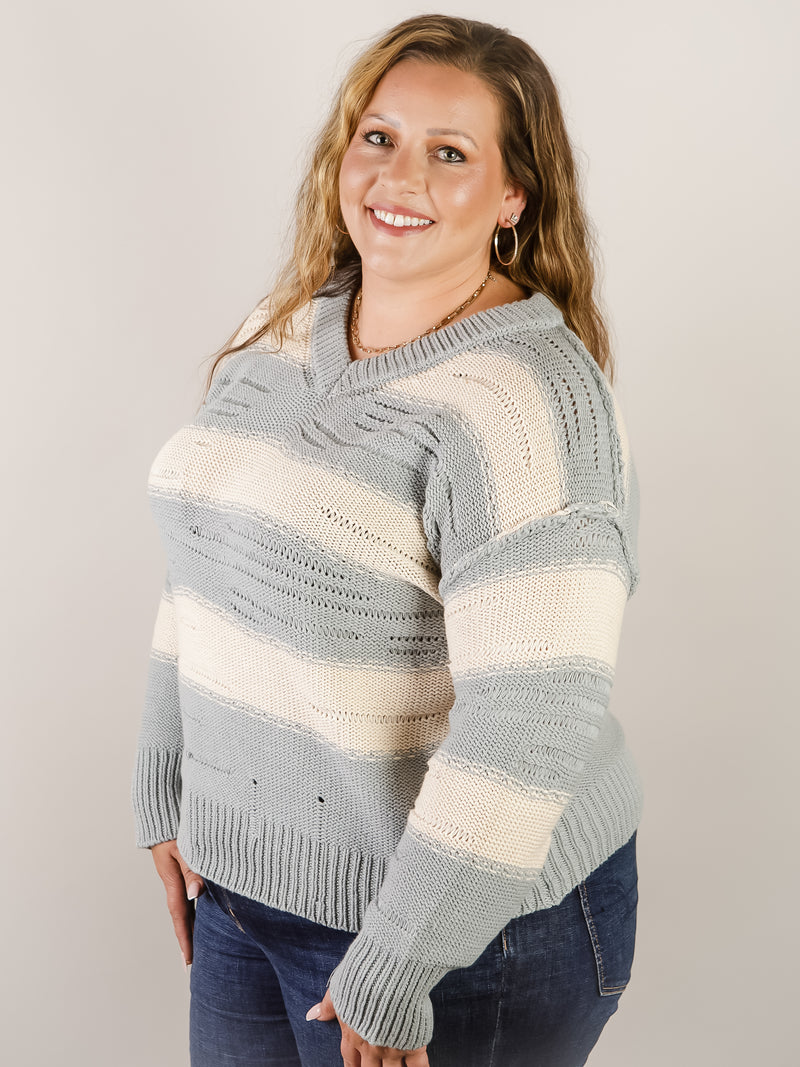 Dusty Blue Striped V-Neck Sweater