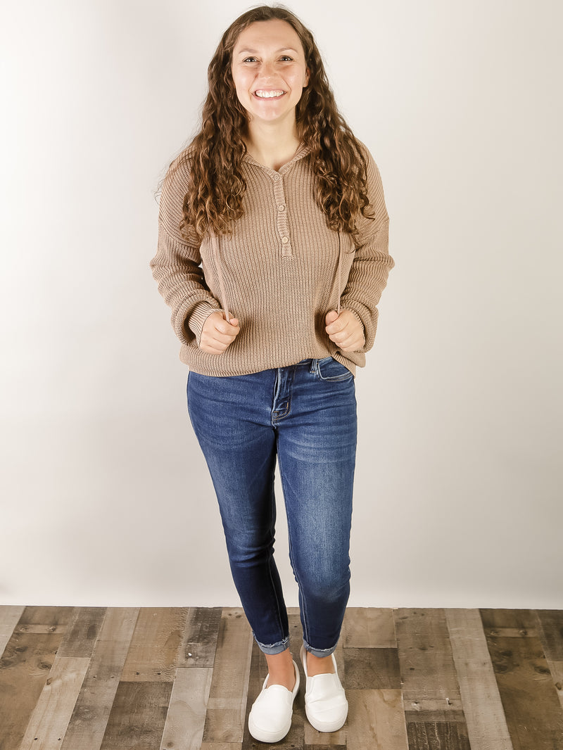 Light Mocha Henley Hooded Sweater