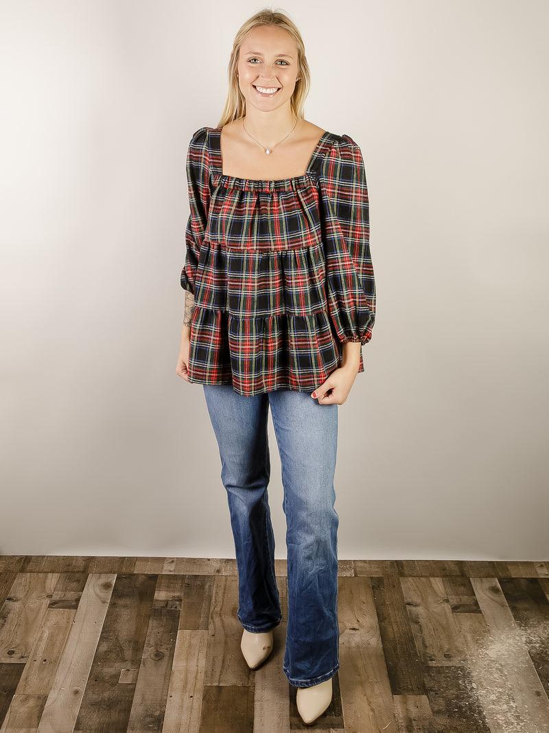 Black Christmas Plaid Babydoll Top