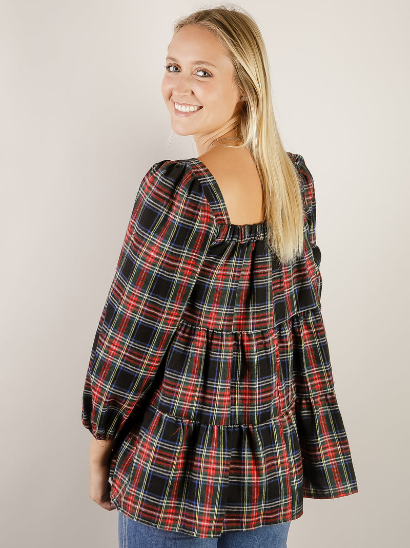 Black Christmas Plaid Babydoll Top