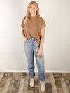 Mock Neck Camel Boxy Short Sleeve Sweater