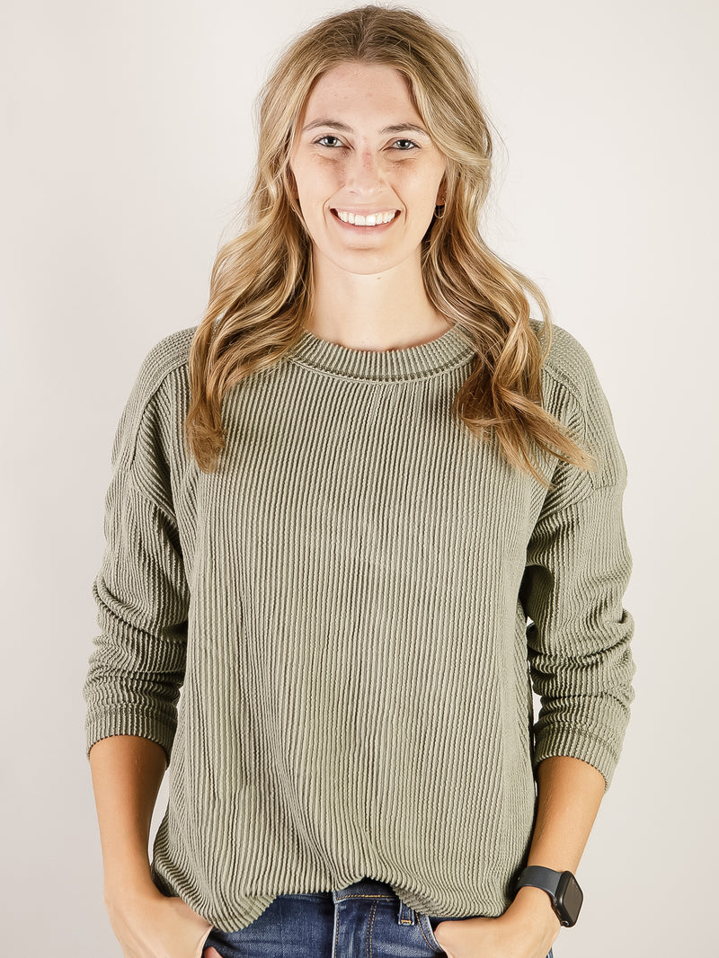 Light Olive Crewneck Ribbed Long Sleeve