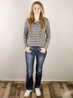 Charcoal and White Striped Long Sleeve Hooded Top