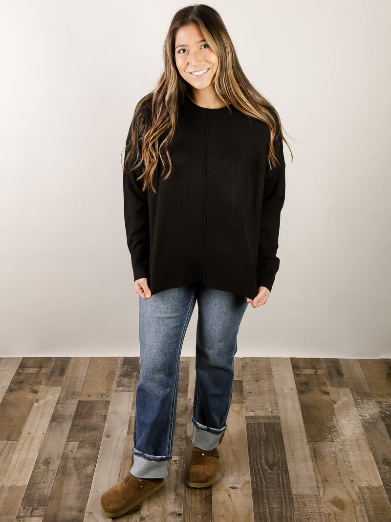 Black Round Neck Scuba with Side Slits