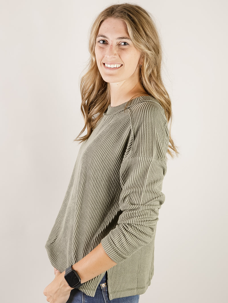 Light Olive Crewneck Ribbed Long Sleeve