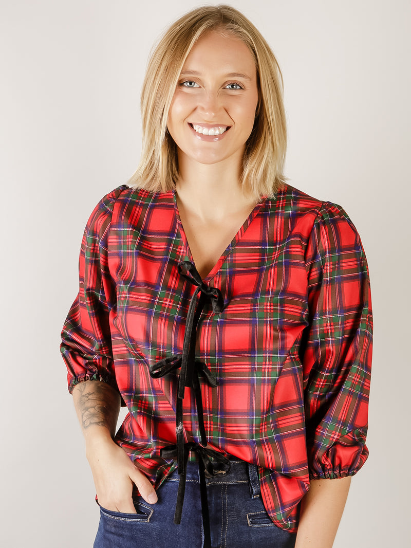 Red Plaid Tie Front Blouse