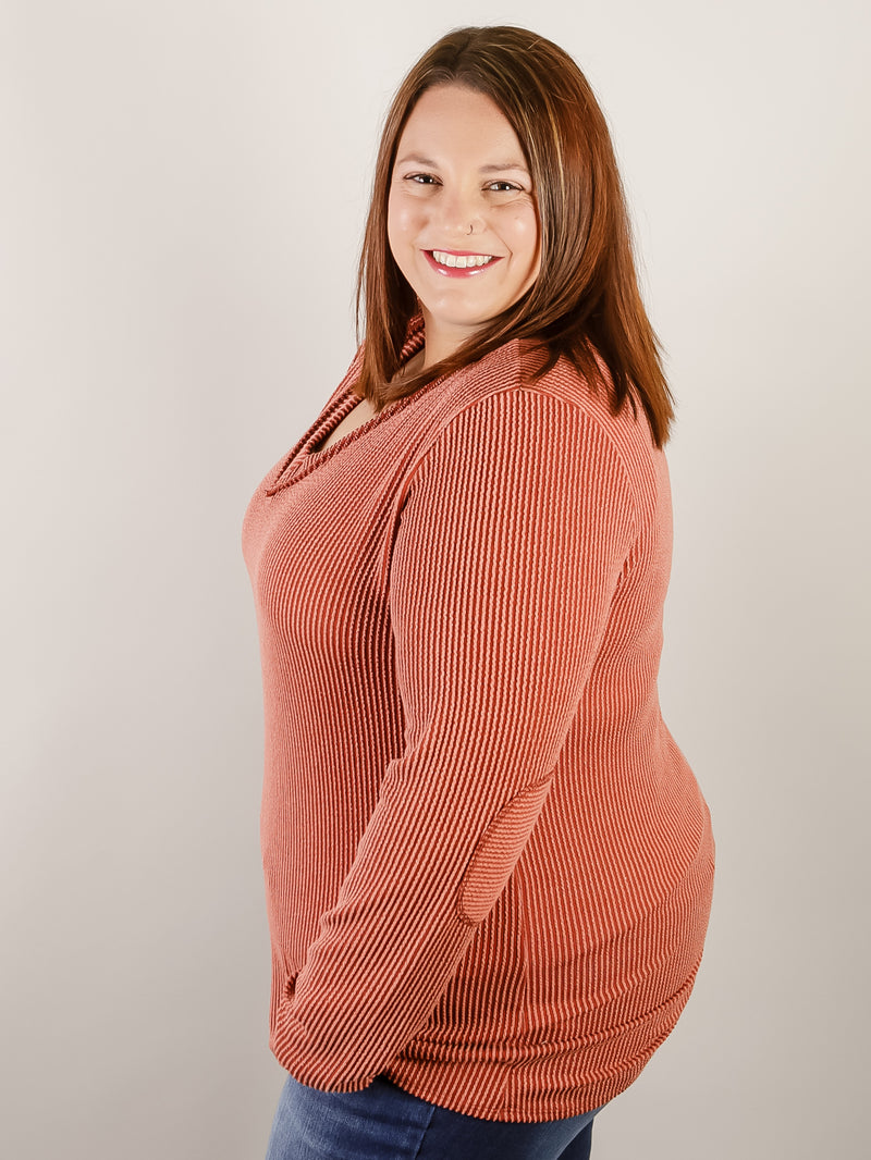 Curvy Rust Ribbed Vneck Long Sleeve