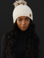 Cream Cable Knit Hat with Natural Pom