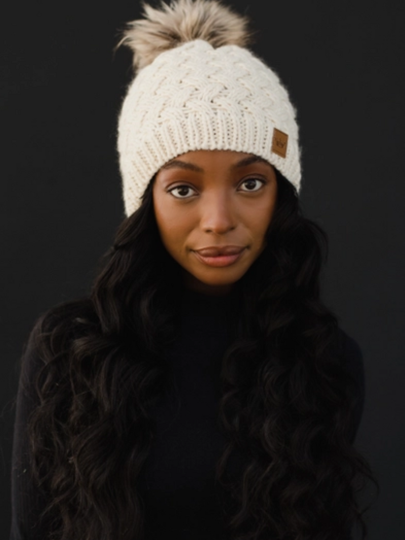 Cream Cable Knit Hat with Natural Pom