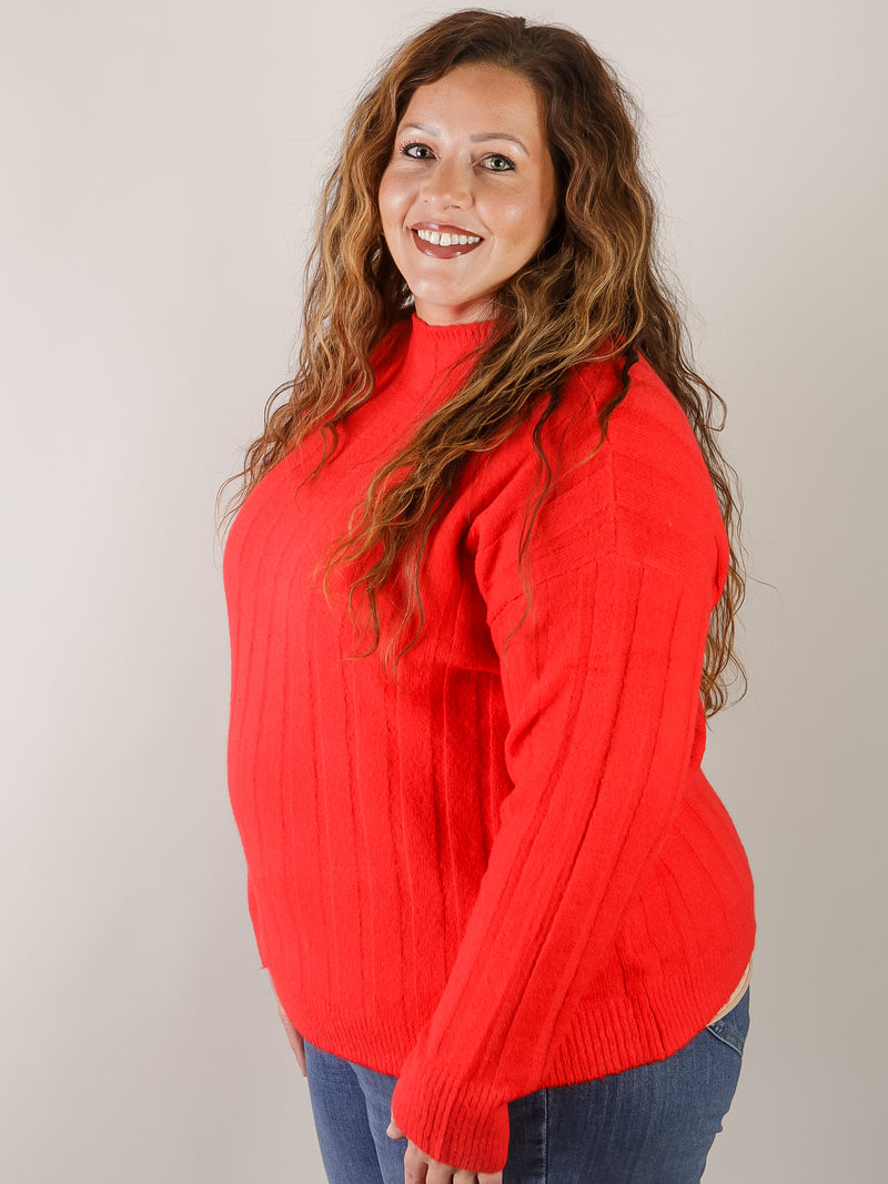 Red Wide Ribbed Mock Neck Sweater
