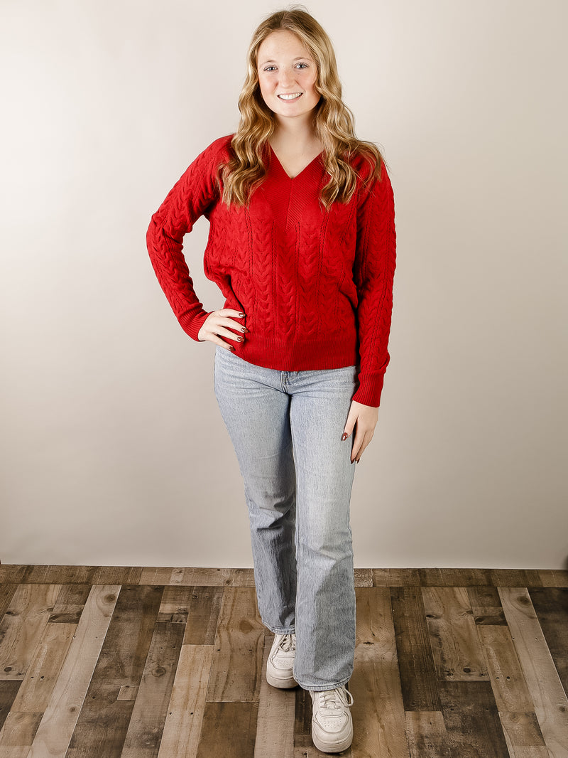 Red V-Neck Cable Sweater
