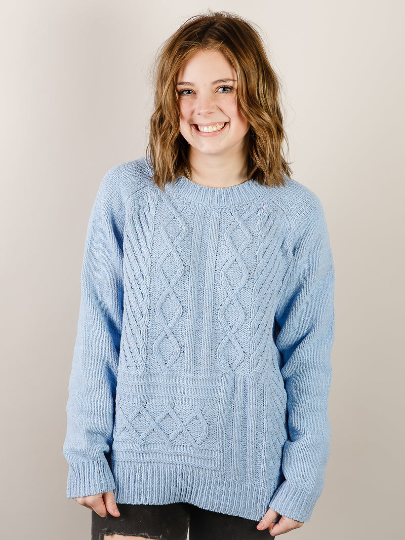 Light Blue Cable Knit Chenille Sweater