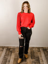 Red Pleated Long Sleeve Blouse