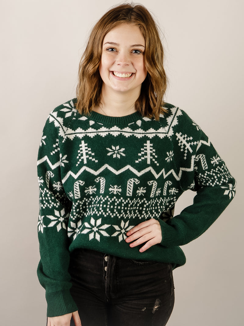 Green and White Christmas Print Sweater
