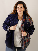 Navy Corduroy Shacket with Plaid