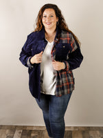 Navy Corduroy Shacket with Plaid