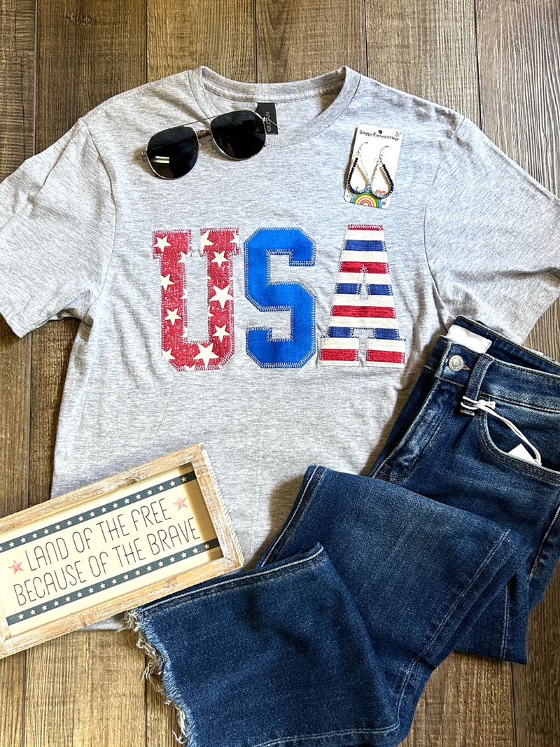 Heather Grey Embroidered USA Tee