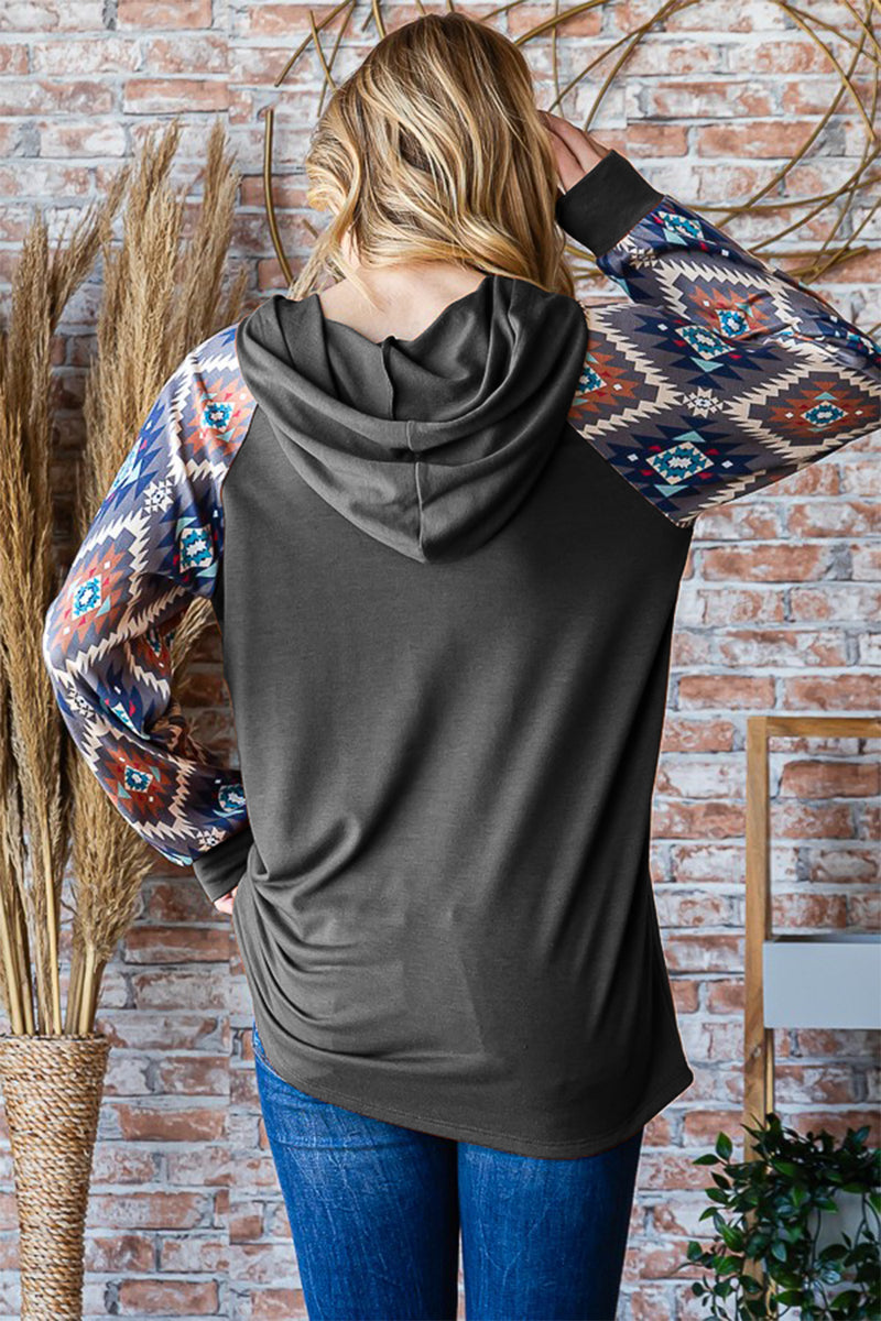 Charcoal Half Button Printed Long Sleeve Hooded Top (Online Exclusive)