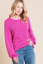 Fuchsia Long Sleeve Curved Hem Ribbed T-Shirt (Online Exclusive)