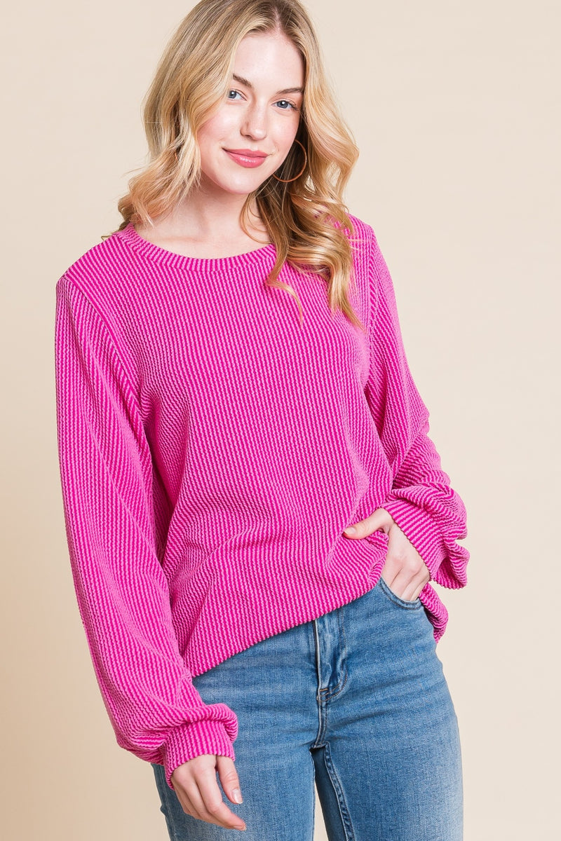 Fuchsia Long Sleeve Curved Hem Ribbed T-Shirt (Online Exclusive)