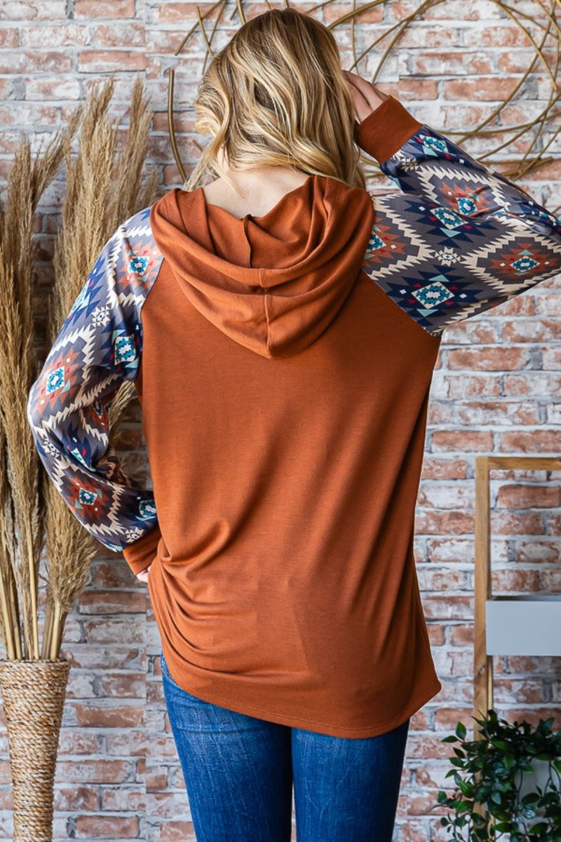 Mocha Half Button Printed Long Sleeve Hooded Top (Online Exclusive)