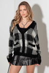 Black and White V-Neck Checkered Cardigan with Pockets