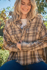 Taupe Button Up Raw Hem Plaid Shirt (Online Exclusive)