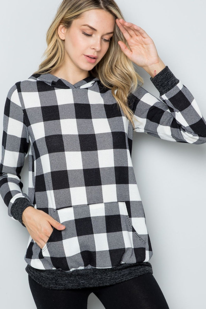 White Contrast Plaid Long Sleeve Hoodie (Online Exclusive)