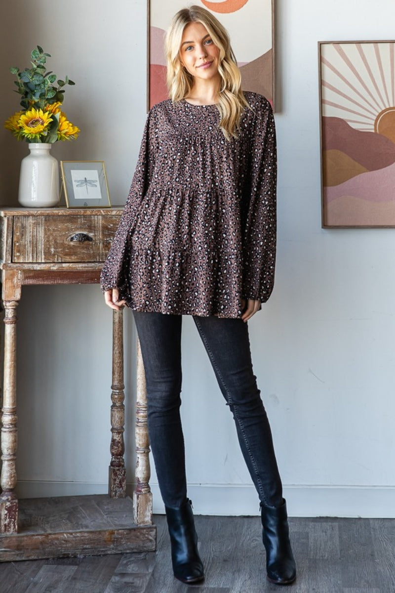 Mocha Leopard Long Sleeve Tiered Blouse (Online Exclusive)