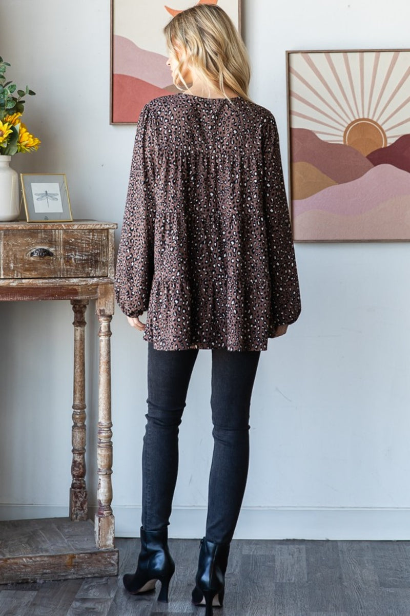 Mocha Leopard Long Sleeve Tiered Blouse (Online Exclusive)