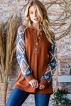 Mocha Half Button Printed Long Sleeve Hooded Top (Online Exclusive)