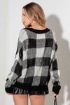 Black and White V-Neck Checkered Cardigan with Pockets