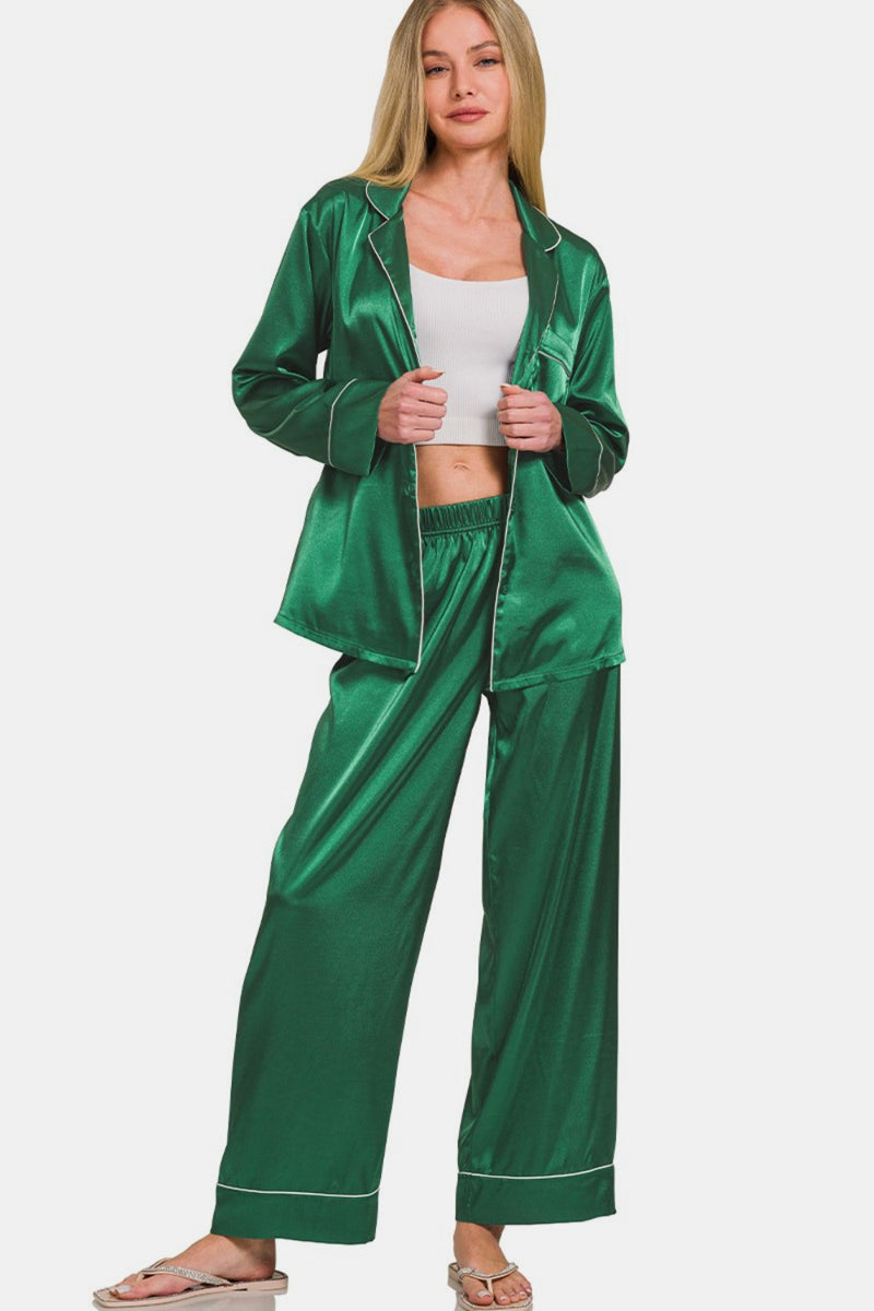 Green Satin Long Sleeve Shirt and Pants Pajama Set (Online Exclusive)