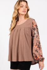 Brown Floral Long Sleeve Front Pleated Detail Blouse (Online Exclusive)