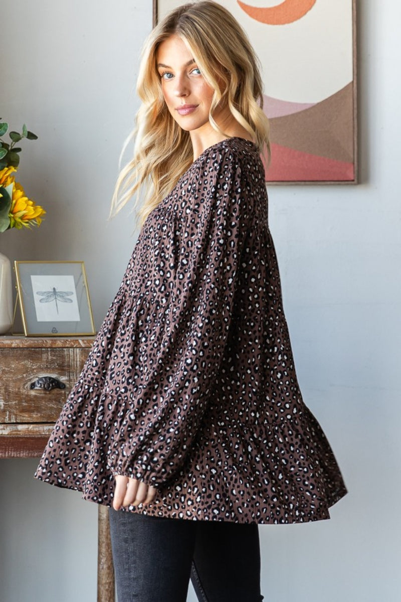 Mocha Leopard Long Sleeve Tiered Blouse (Online Exclusive)