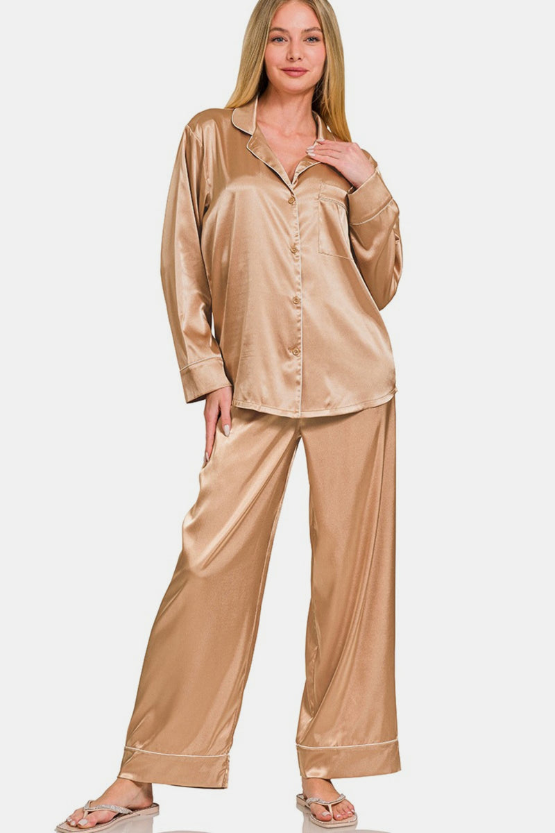 Blush Satin Long Sleeve Shirt and Pants Pajama Set (Online Exclusive)