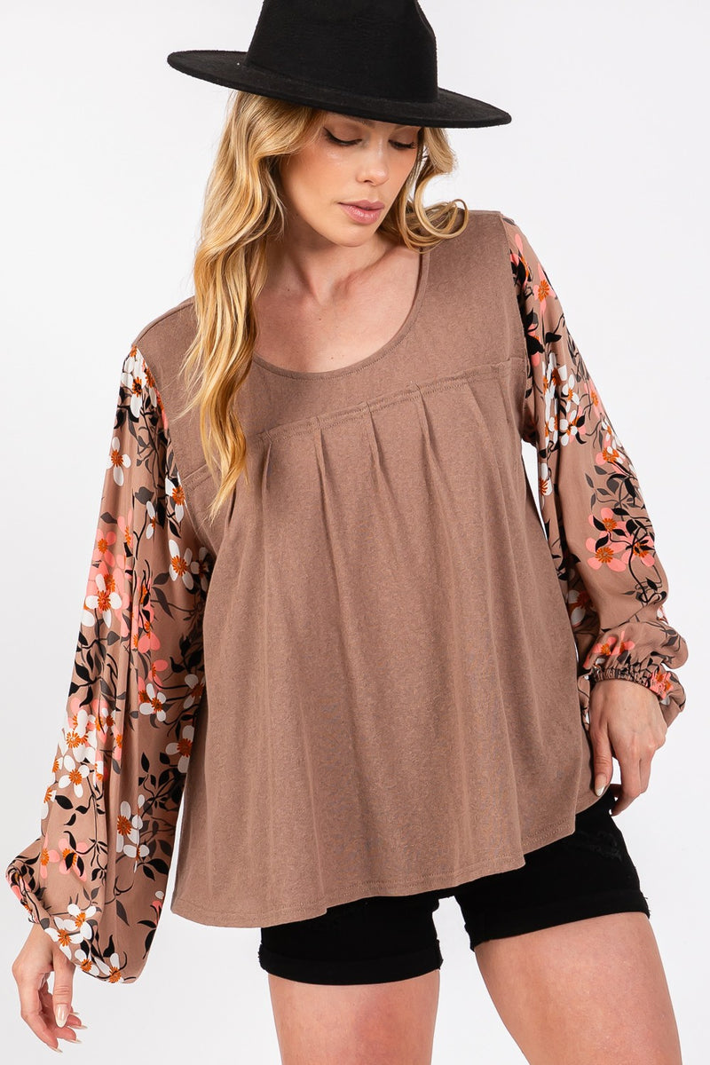 Brown Floral Long Sleeve Front Pleated Detail Blouse (Online Exclusive)