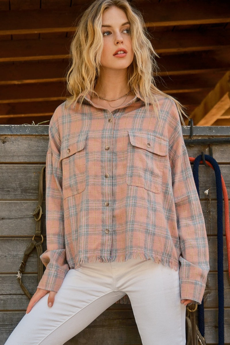 Pink Plaid Button Up Raw Hem Shirt (Online Exclusive)