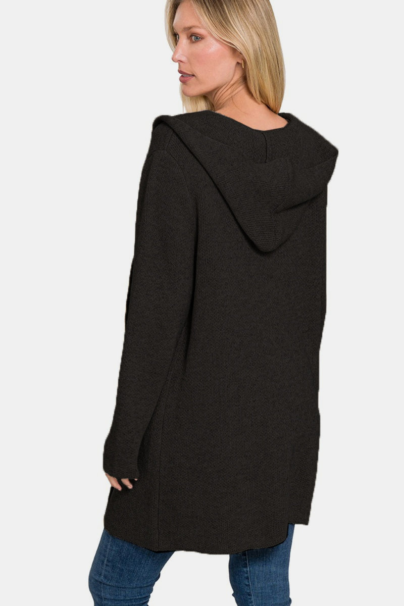 Black Hooded Open Front Sweater Cardigan (Online Exclusive)