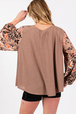 Brown Floral Long Sleeve Front Pleated Detail Blouse (Online Exclusive)