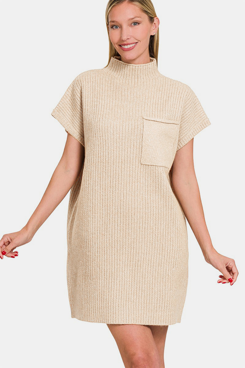 Sand Beige Short Sleeve Sweater Mini Dress (Online Exclusive)